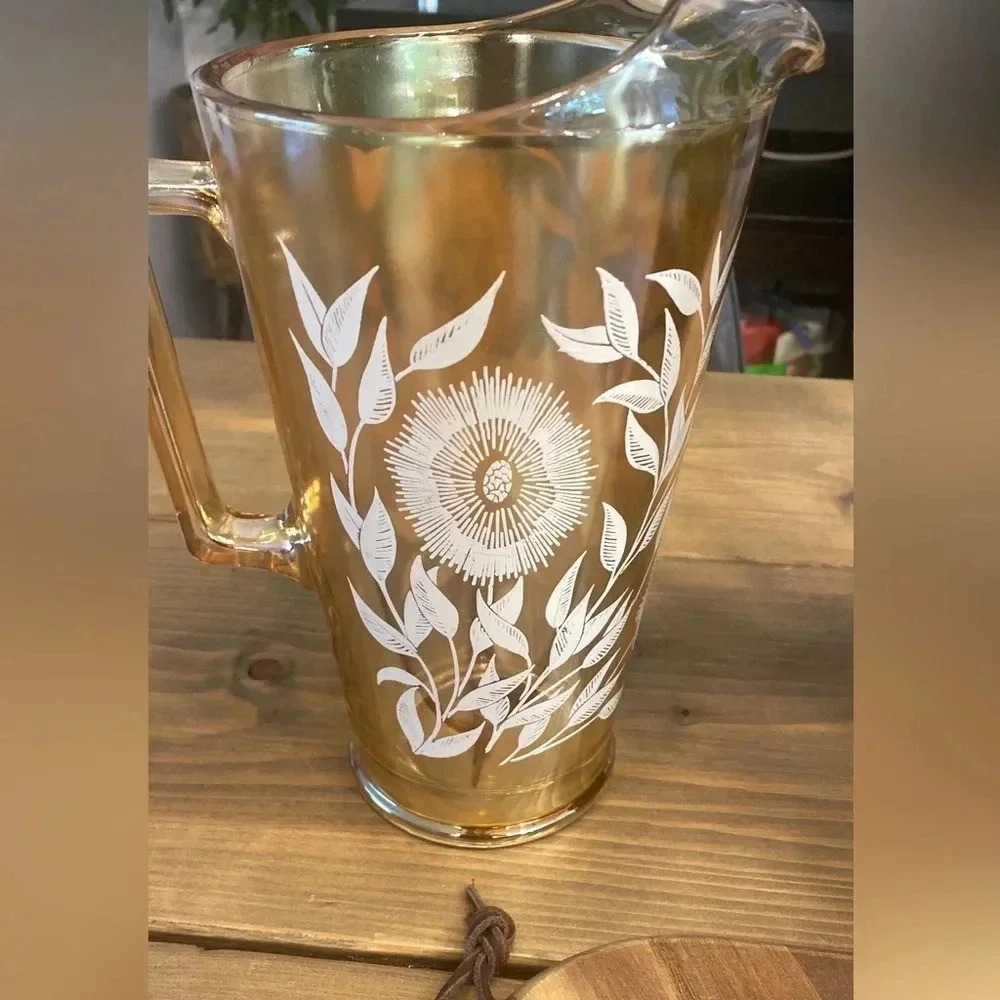 Vintage Jeannette Pitcher - Iridescent marigold white flowers carnival glass